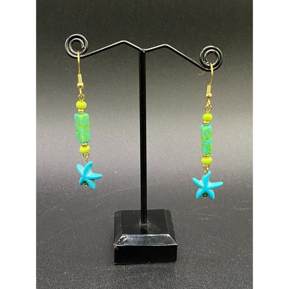 Blue Starfish & Aqua Green Stone Bead Earrings by Neanie-Bot - Picture 2 of 2